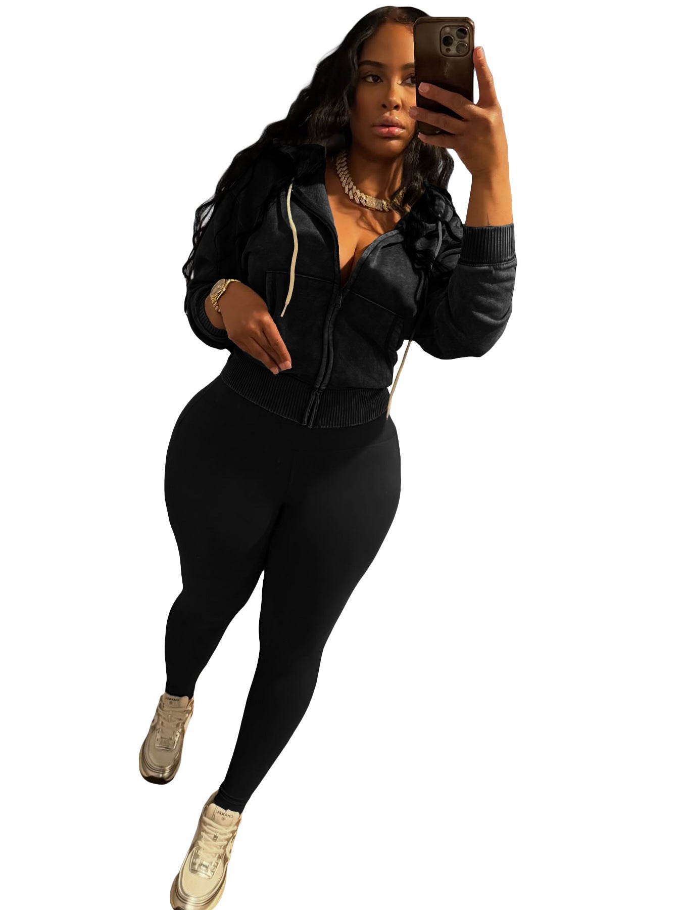 Fashion Women's Washed Zipper Hooded Top Yoga Pants Sport Casual Two-Piece Set 19