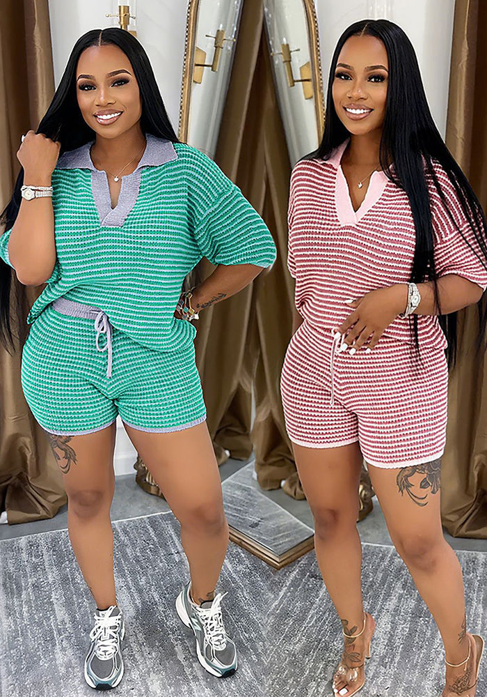 Women's Half-Sleeve V-Neck Striped Knit Top + High-Waist Shorts Casual Set