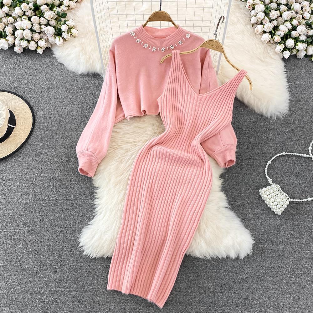 Autumn And Winter French Chic Beaded High-Waisted Sweater Dress Knitting Shirt Two-Piece Set 11