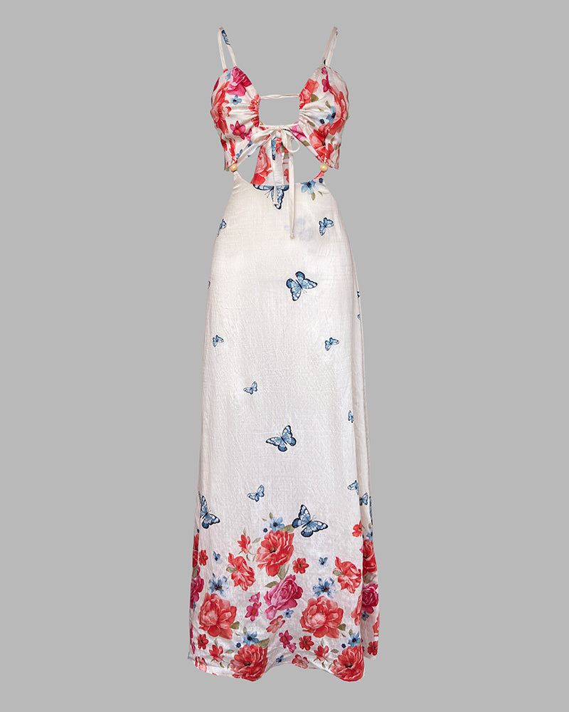 Floral Holiday Print Sexy Open Waist Strap Long Dress 5