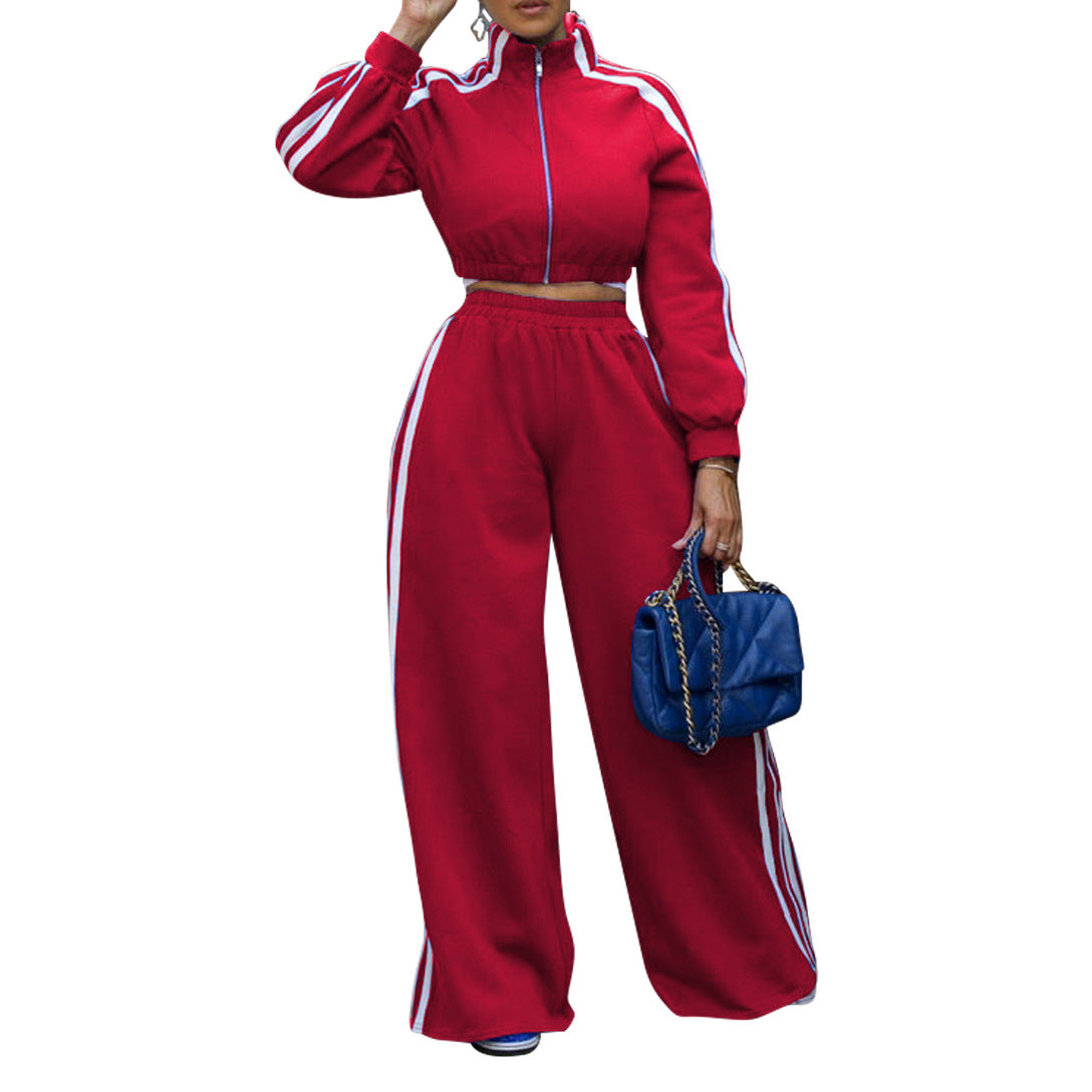 Women's Autumn Winter Sports Striped Jacket Loose Pants Two-Piece Set 10