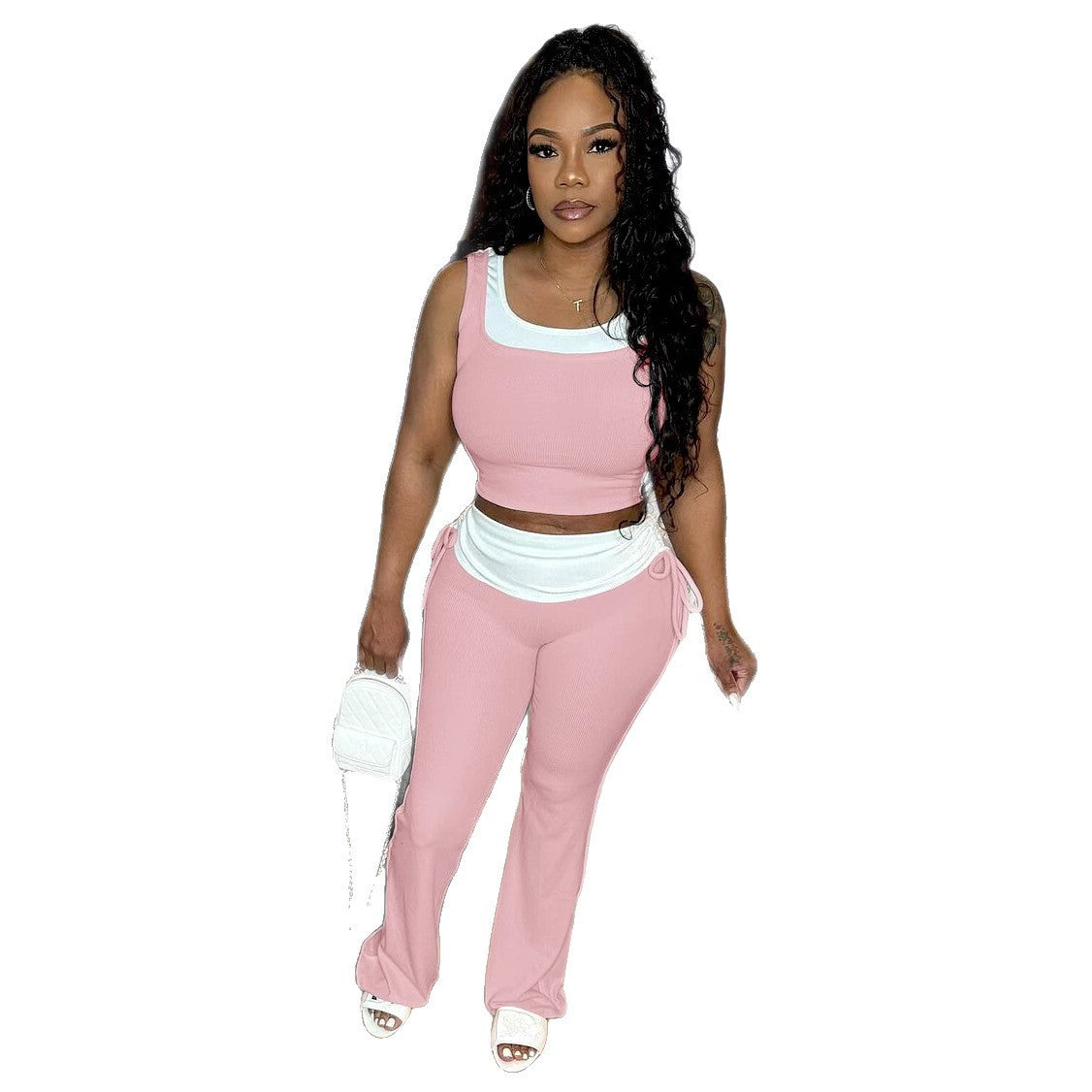 Women Casual Stretchy Patchwork Contrast Ribbed Sleeveless Tank Top and Pants Two-piece Set 9