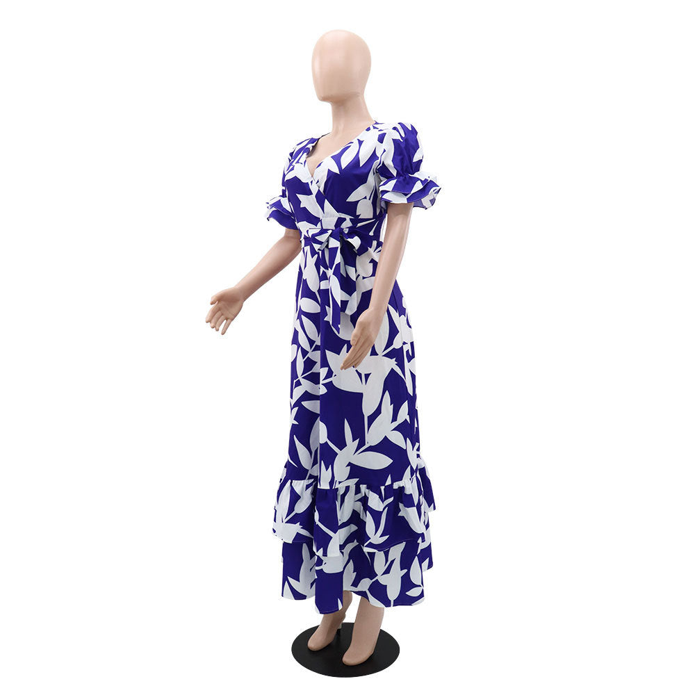 Women Chic V Neck Tie Elegant Print Ruffle Edge Long Skirt 3