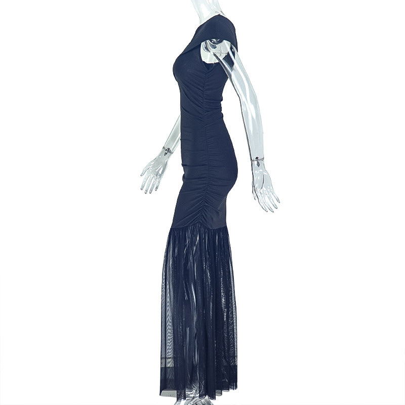 Women Solid Pleated Irregular One-Shoulder Slash Shoulder Slit Dress 6