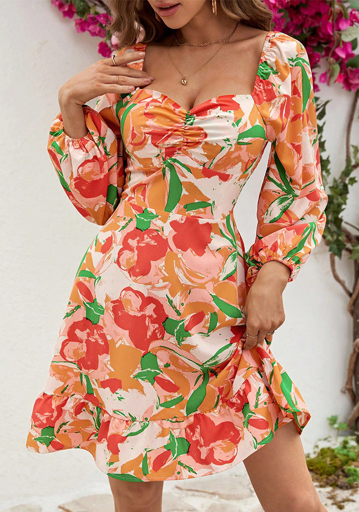 Spring, Summer And Autumn Chic Flower Printed Long-Sleeved Women's Pleated Dress