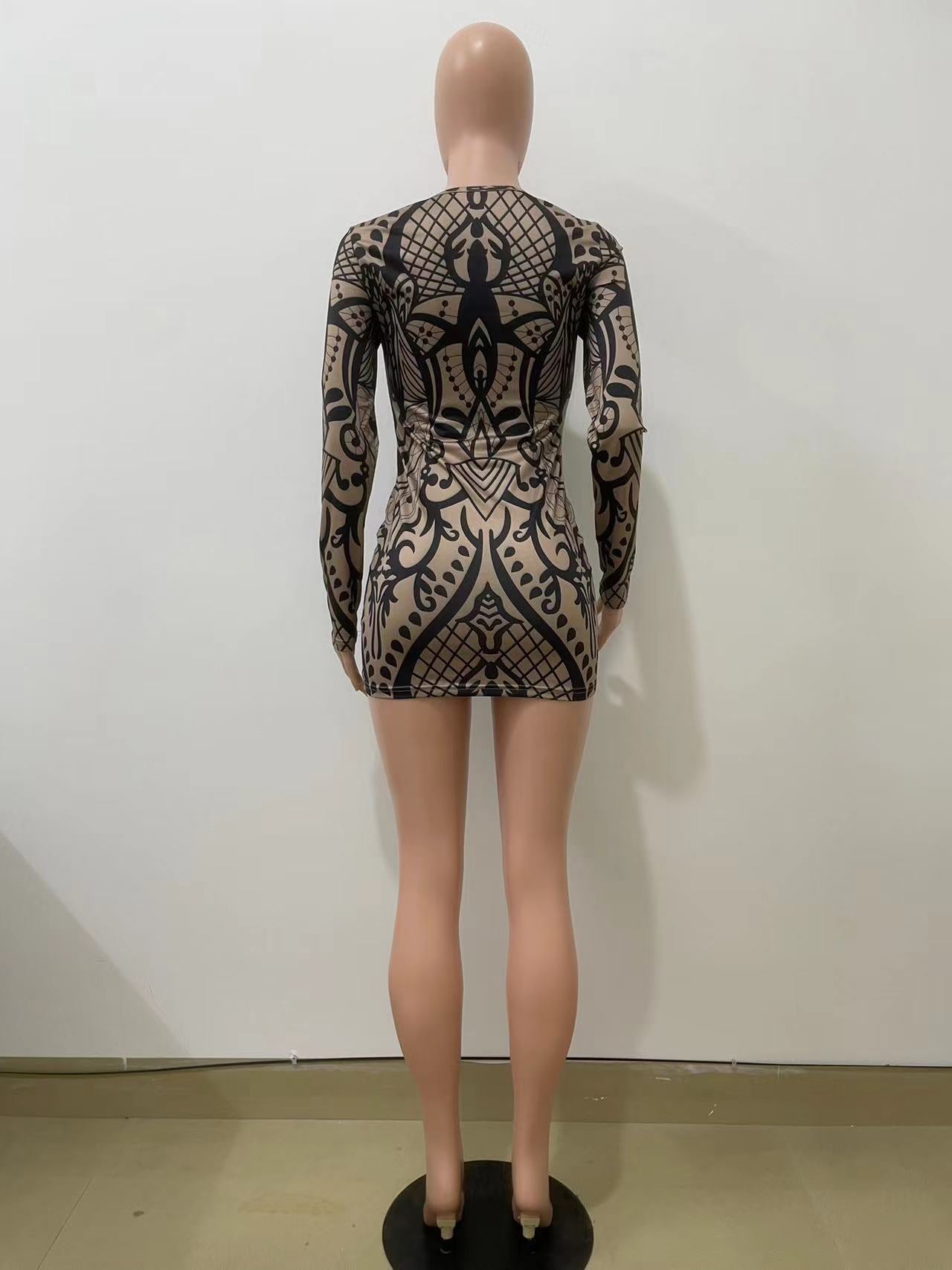 Women Brown Printed Long Sleeve Bodycon Dress 11