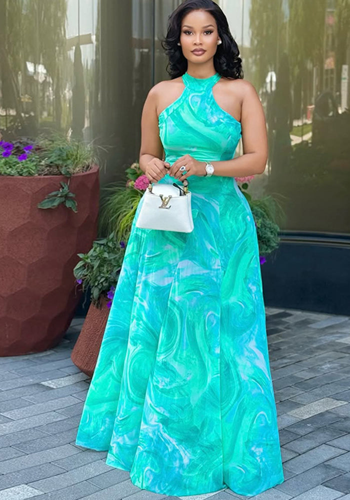 Women Career Print Street Style Round Neck Pleated Sleeveless Maxi Dress