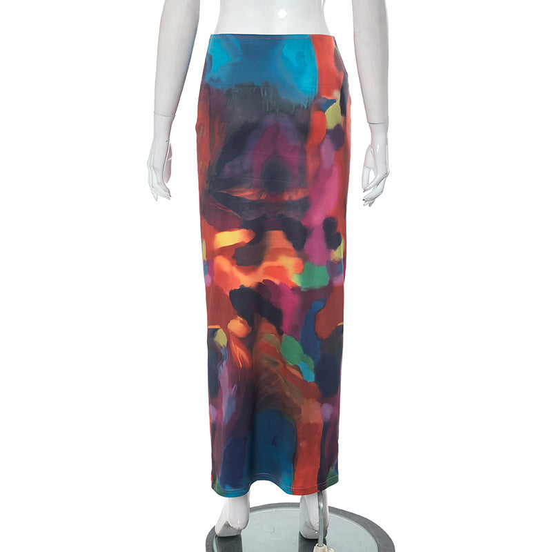 Women's Summer Casual Painted Print Slim Bodycon Maxi Skirt 12
