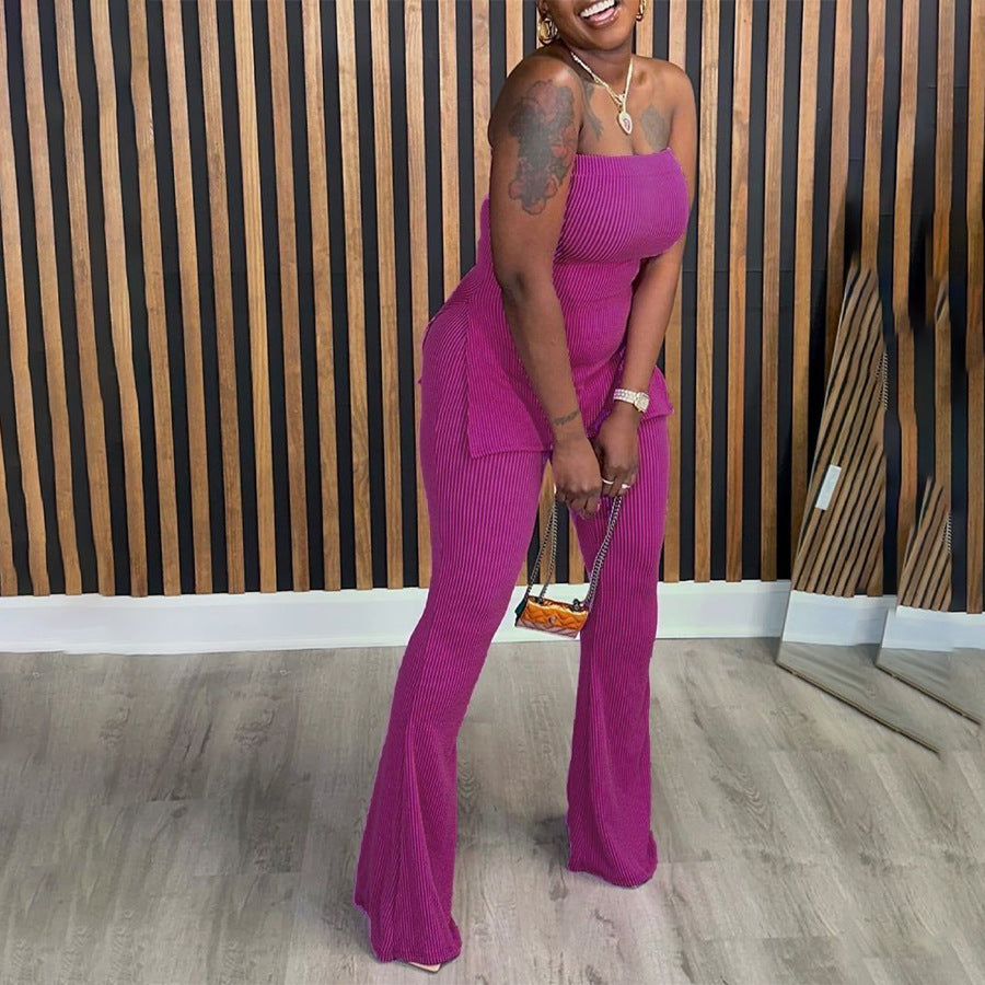 Strapless Slim Sexy Solid Color Women's Two-Piece Pants Set