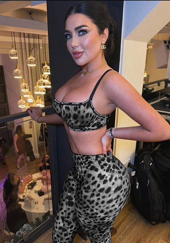 Women sexy leopard print Top and Two-piece trousers