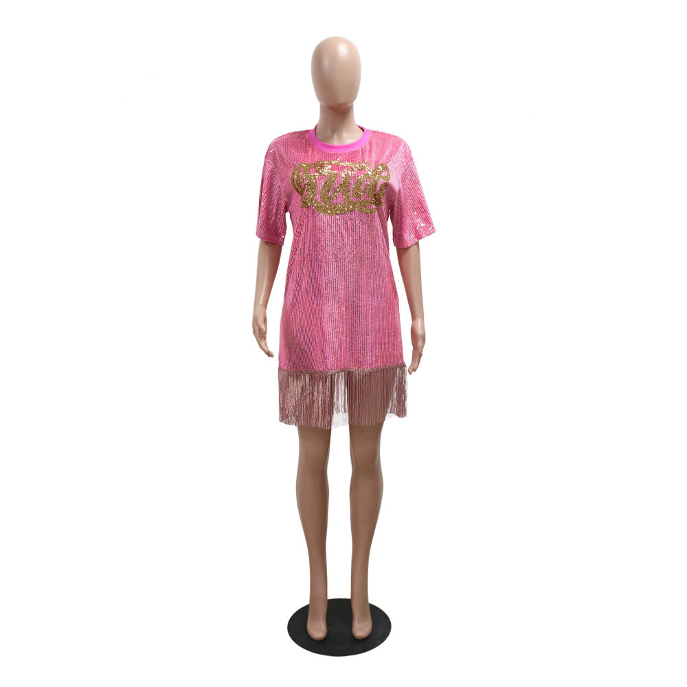 Women Fashion Round Neck Short Sleeve Sequin Tassel Casual Dress 11