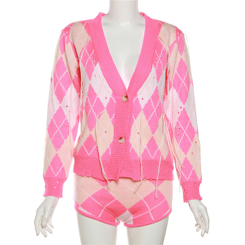 Autumn Women's Fashion Contrast Color Tassel Jacket High Waist Slim Shorts Two Piece Set For Women 11