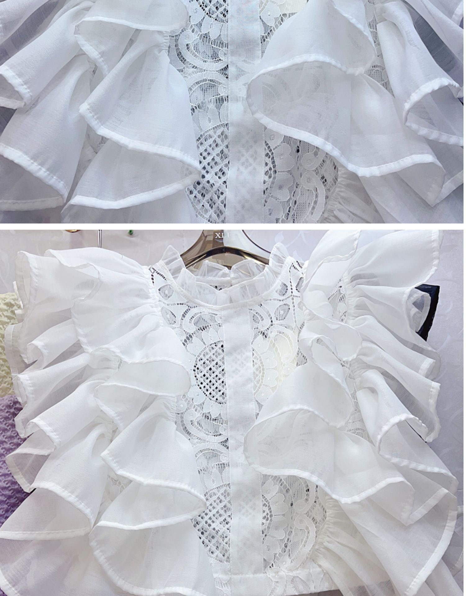 Women Summer French Ruffle Patchwork Crochet Hollow Stand Collar Lace Shirt 18