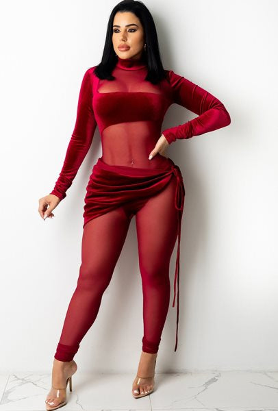 Autumn Party Sexy Mesh Patch Velour Tight Red Jumpsuit 3