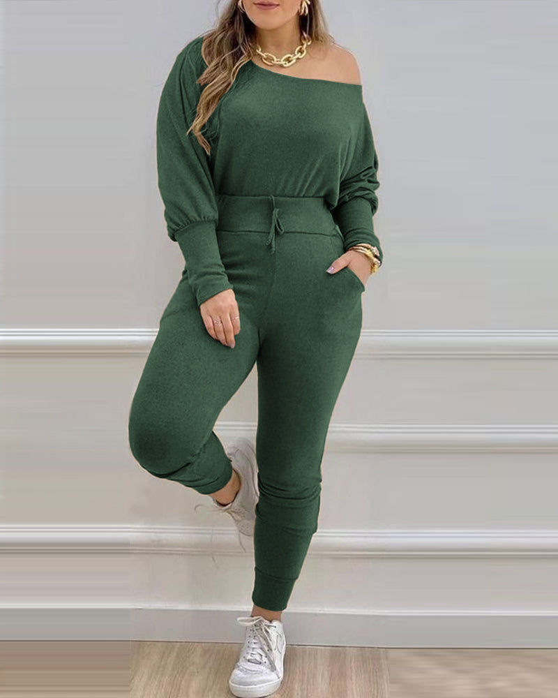 Women Army Green Off-the-shoulder Top and Lace-Up Pants 2-piece Set