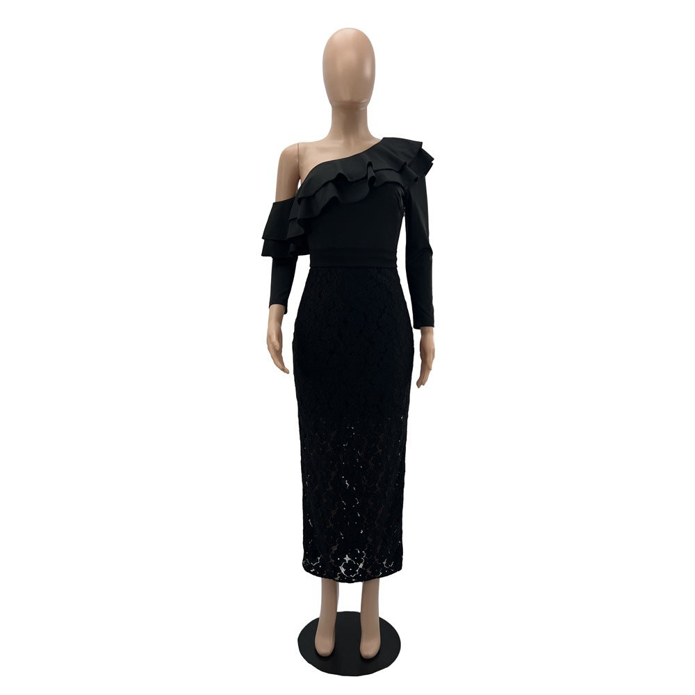 One Shoulder Ruffled Chic Evening Dress Slim Lace Bodycon Dress 10