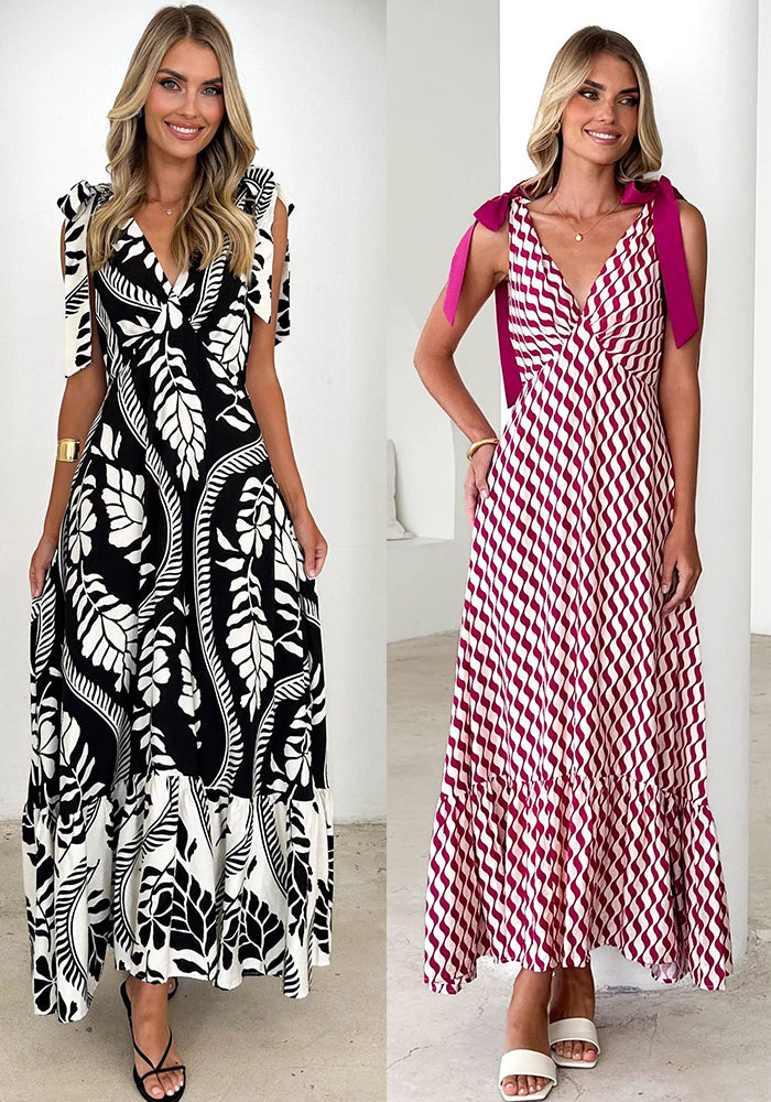 Summer Lace-up Women's V-neck Sleeveless Print Long Dress