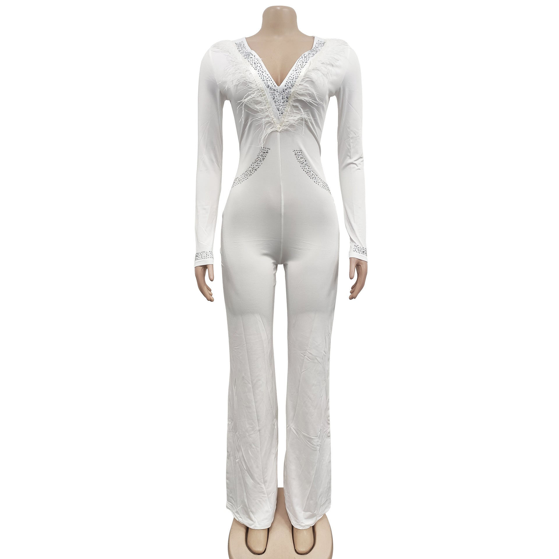 Women'S Fashion Feather Patchwork Beaded V-Neck Long Sleeve One Peice Trousers Sexy Ladies Jumpsuit 17