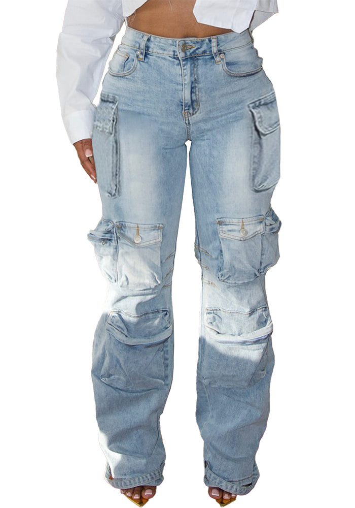 Fashionable Casual Multi-Pocket Patchwork Cargo Denim Pants