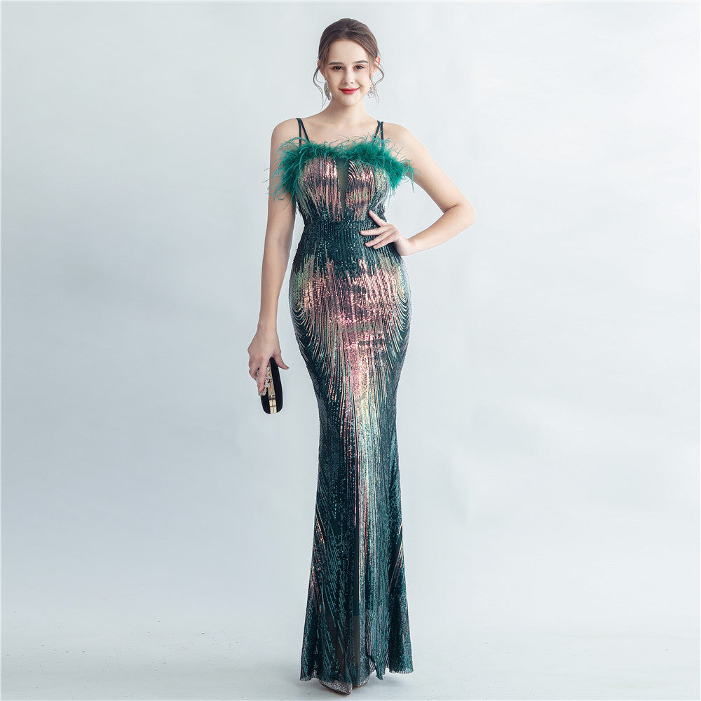 Elegant Formal Party sequins feather straps evening dress