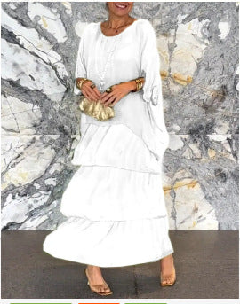 Women chiffon mesh Bat Sleeves Round Neck Long Dress 7