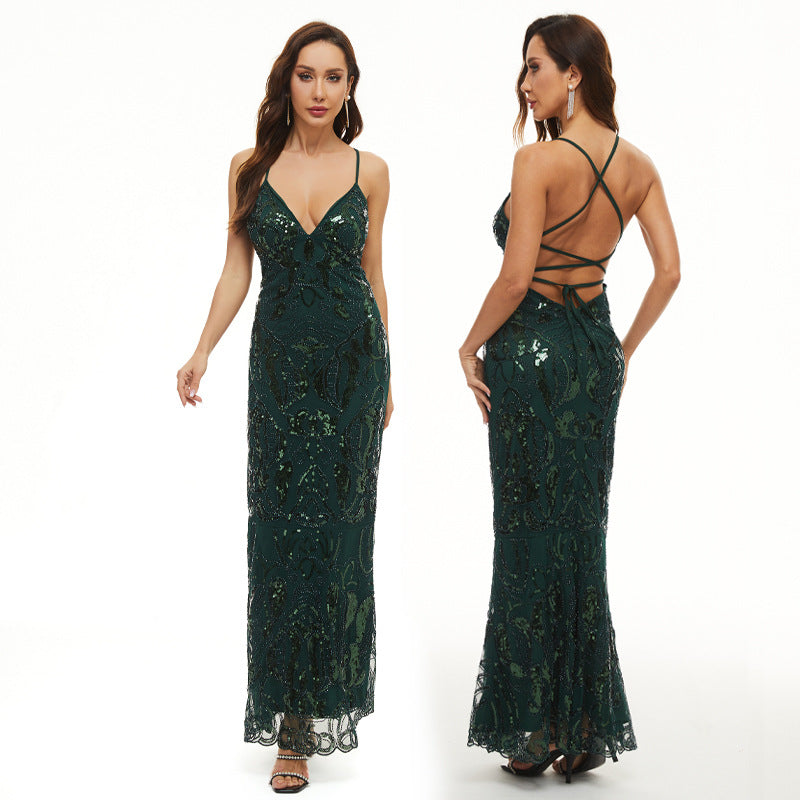 Women Sequin Dress Chic Suspender V Neck Backless Formal Party Maxi Evening Dress 16