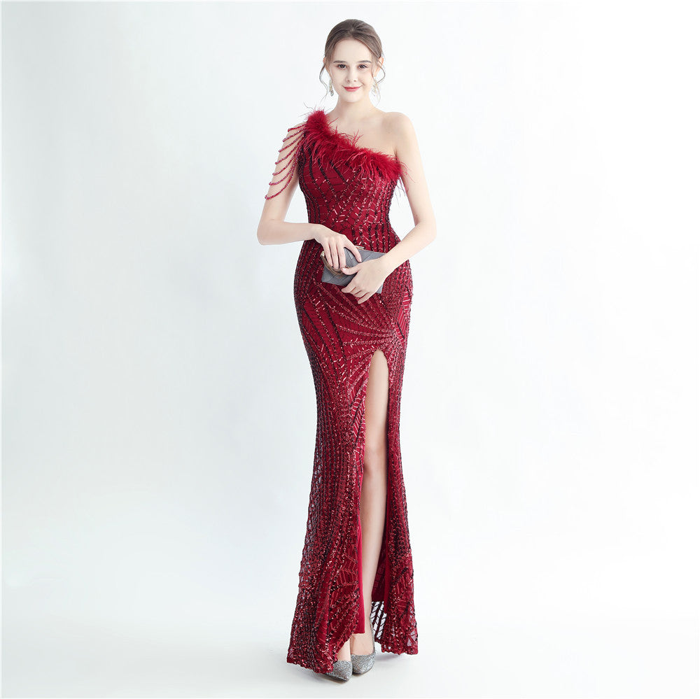 Feather beaded Slash Shoulder formal Party evening dress 10