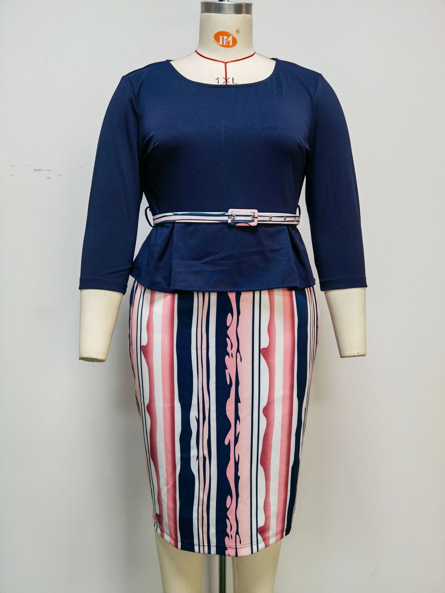 Africa Plus Size Women's Round Neck 3 Quarter Sleeve Contrast Print Dress 15