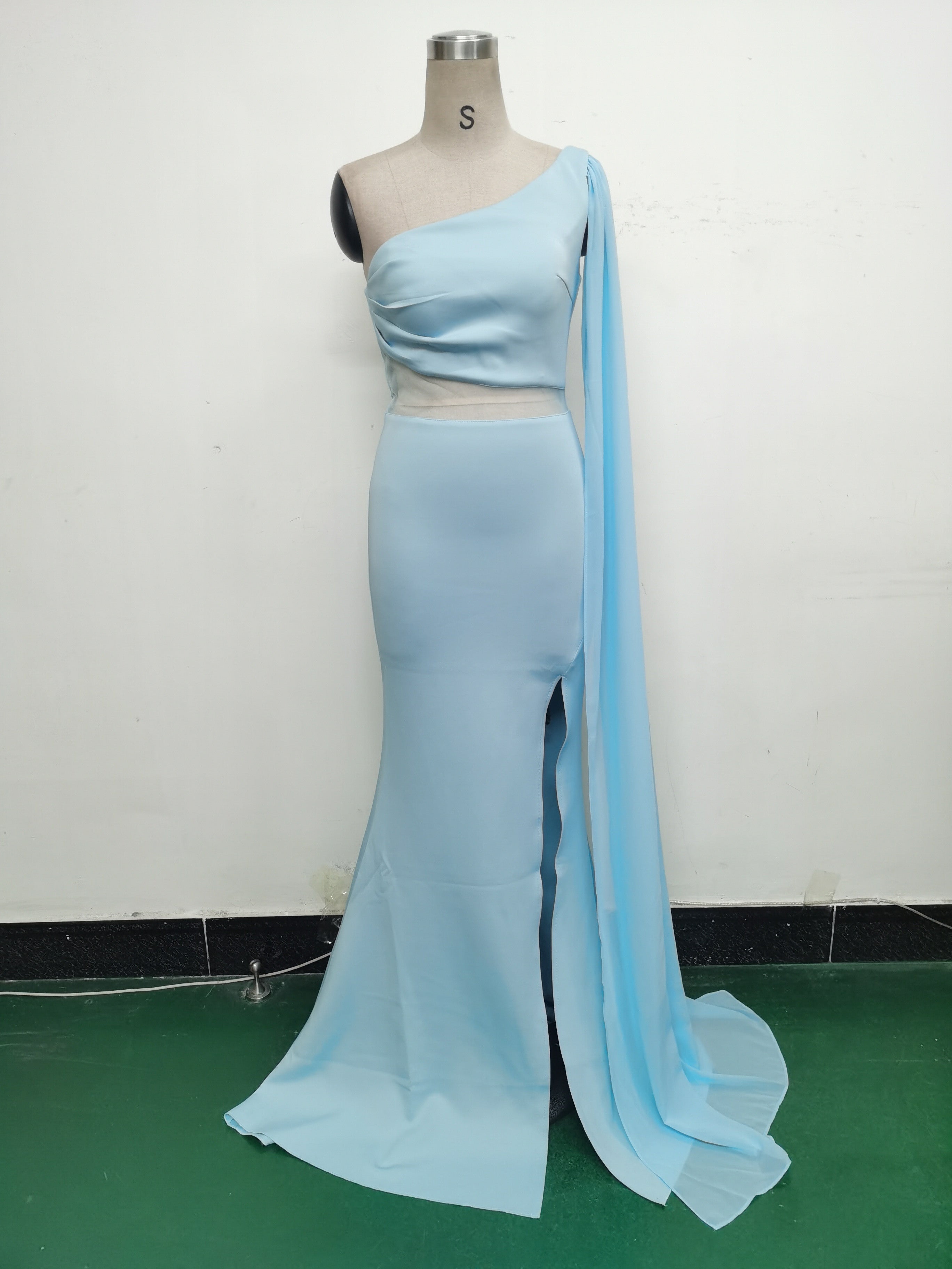 Women One Shoulder Slant Back Patchwork Mesh Formal Party Evening Dress 33