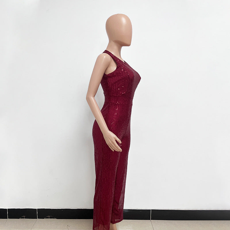 Sleeveless Sequin Round Neck Slim Fit Women's Jumpsuit 40