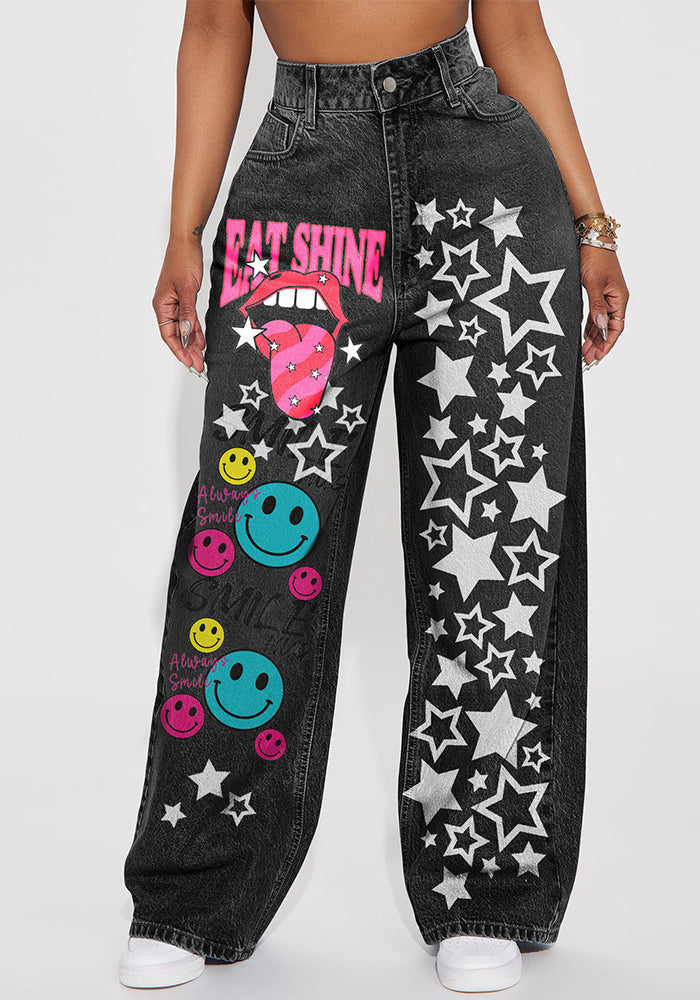 Hip Hop Style High Waist Washed Print Non-Elastic Wide Leg Denim Pants