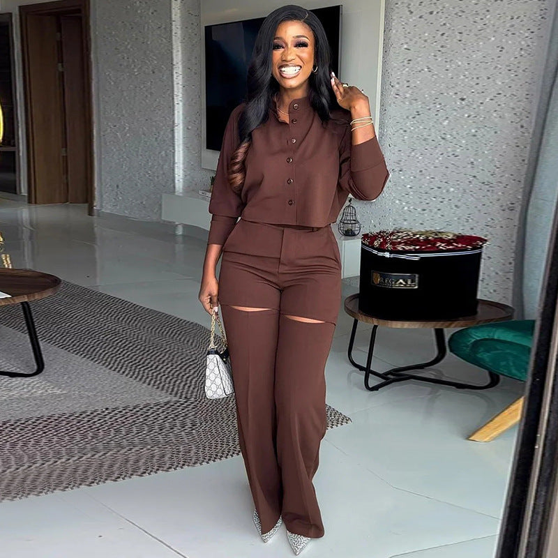 Women Autumn Solid Turndown Collar long-sleeved shirt and wide-leg Pant Casual two-piece set 6