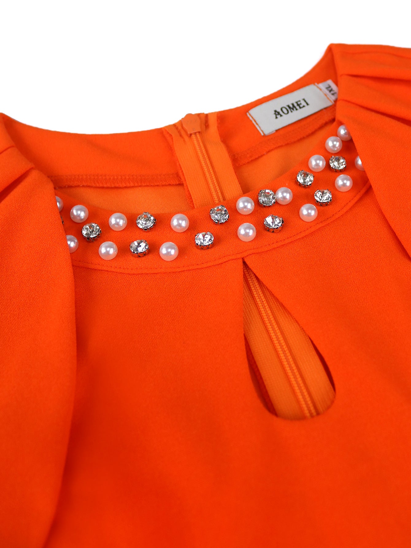 Bright Orange Puff-Sleeve Dress Fashionable Solid Color Party & Career Pleated Dress 13