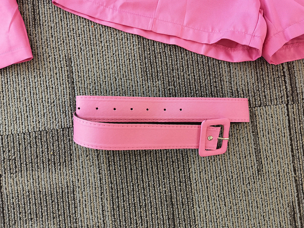 Women Solid Blazer and Shorts Two-Piece Set with Belt 28