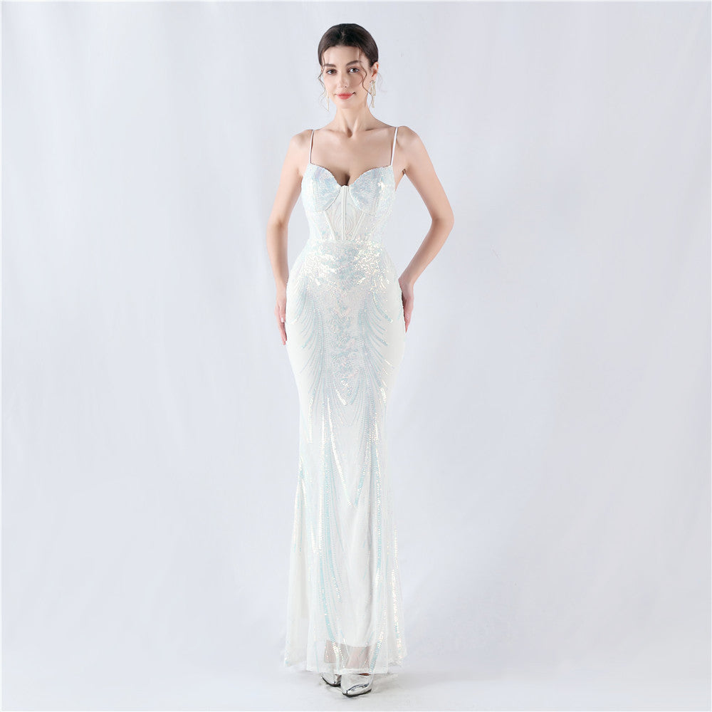 Women Fishbone Sequin Positioning Flower Evening Dress