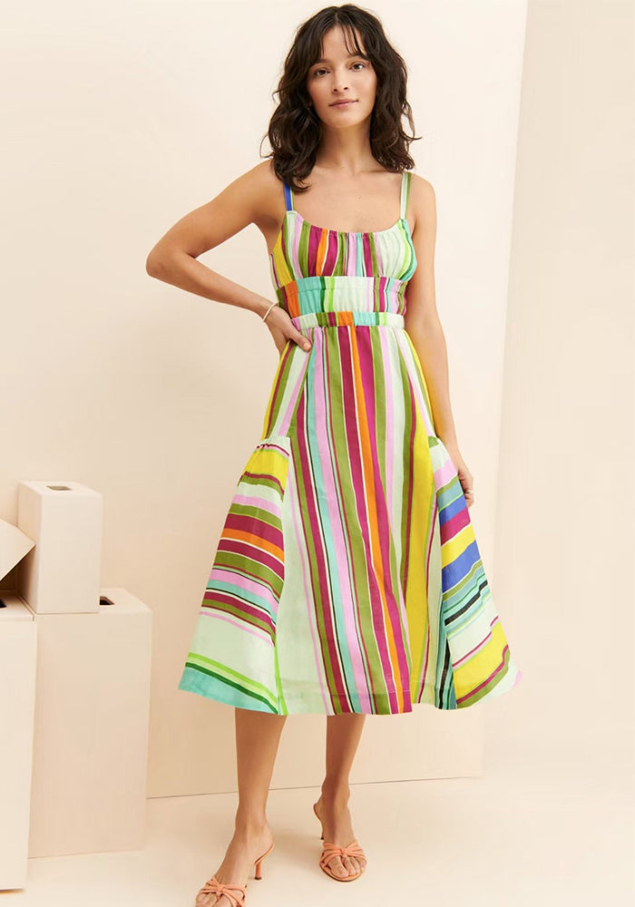 Women Bohemian Holidays Back Hollow Tassel Lace-Up Pocket Stripe Strap Dress