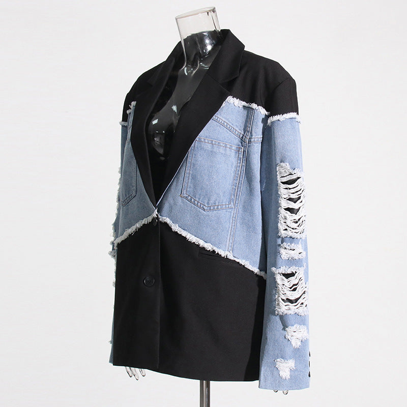 Women Trendy Spring Denim Patchwork Contrast Blazer 4