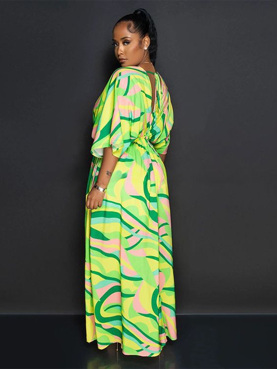 Womens Green Multicolor Vintage Print Double Slit Maxi Dress
