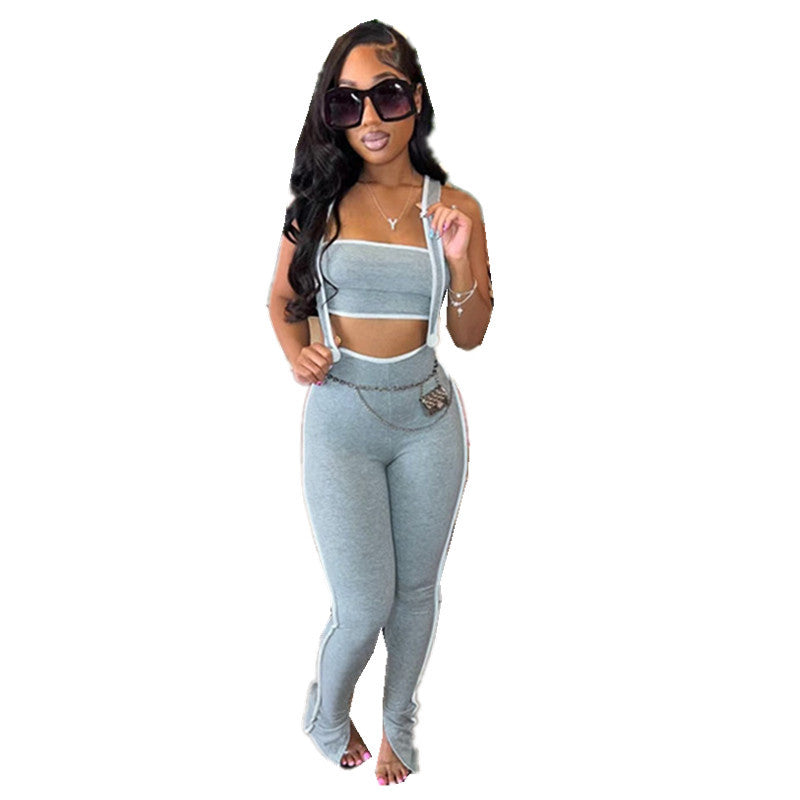 Women Stretch Ribbed Sexy Chest-Wrapped Top Overalls Two-piece Set 11