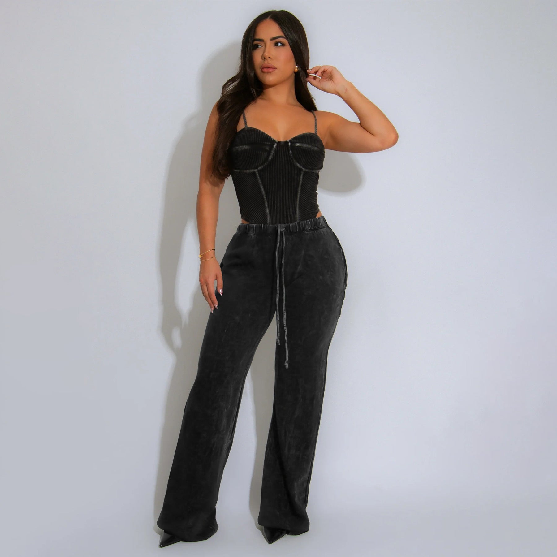 Women Sexy Cotton Washed Strapless Top and Pant Two-Piece Set 54