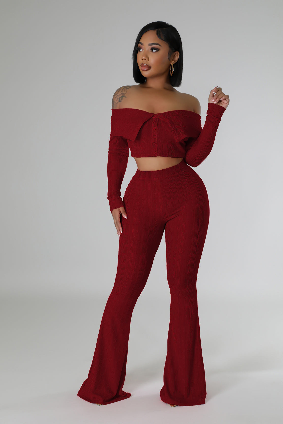 Women Solid Off-Shoulder Top and Wide Leg Pants Two-Piece Set 7