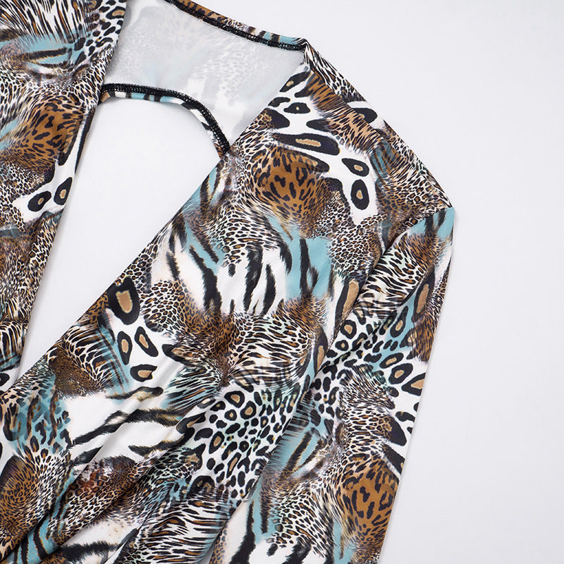 Women Fall Gradient Leopard Print Long-Sleeved Backless Top and Shorts Two-Piece Set 20