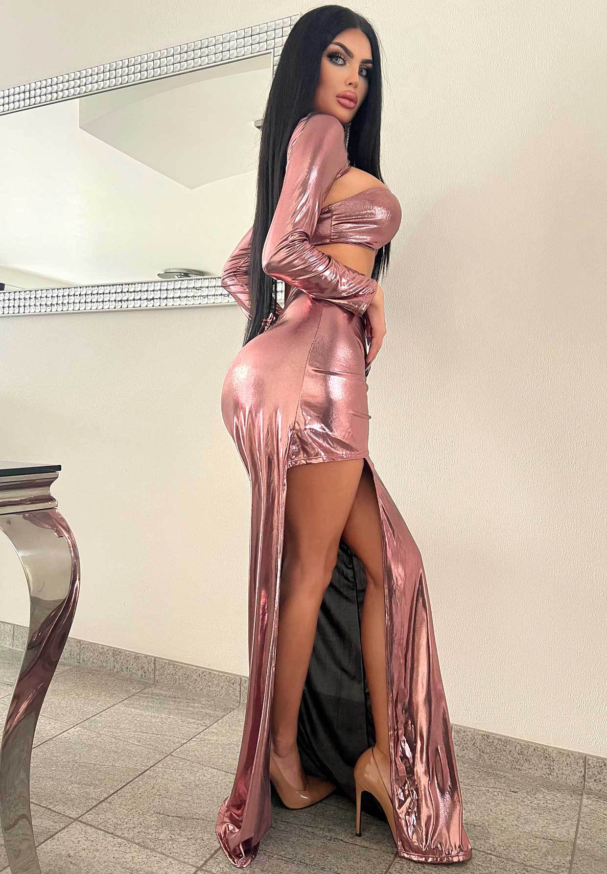 Women Solid Long Sleeve Sexy Top and Slit Long Skirt Two Piece Set 4