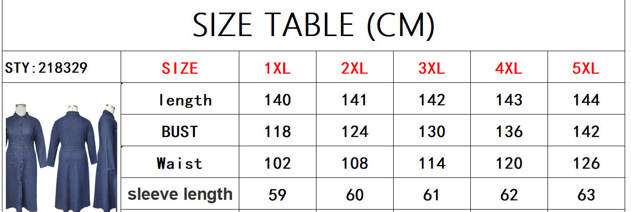 Plus Size Women Women Denim Turndown Collar Long Sleeve Dress 7