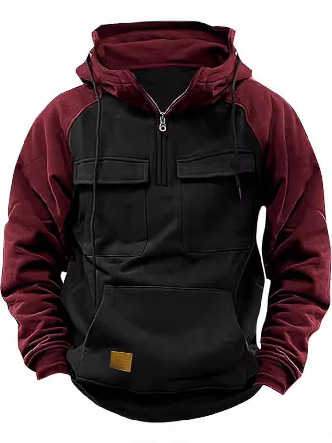 Spring Autumn Men's Raglan Sleeve Half Zip Hoodie Sport Multi-Pocket Hooded Trendy Hoodie