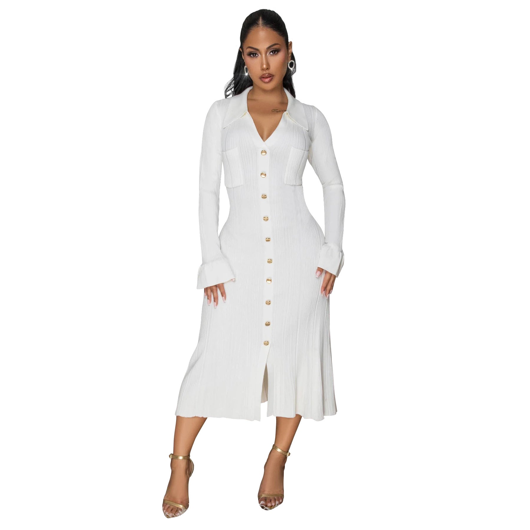 Women's Fashion V-Neck Single Row Buttons Long Sleeve Solid Long Dress 30