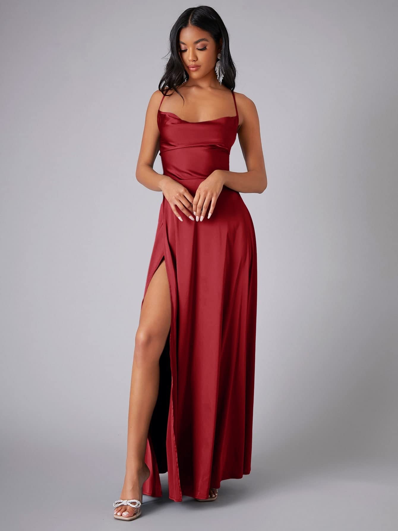 Women Sexy Backless Suspender Slit Maxi Dress 14