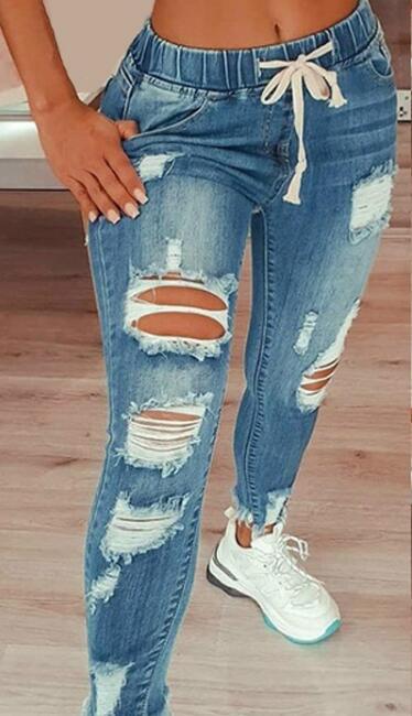 Elastic Waist Women's Denim Pants High Waist Ripped Tie-Up Jeans 5