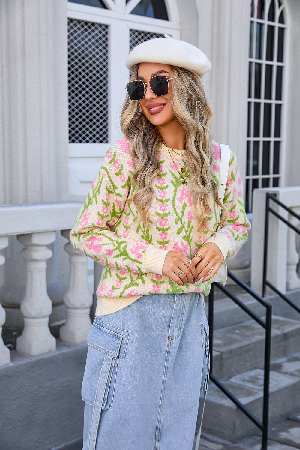 Women Jacquard Branch Round Neck Floral Sweater 35