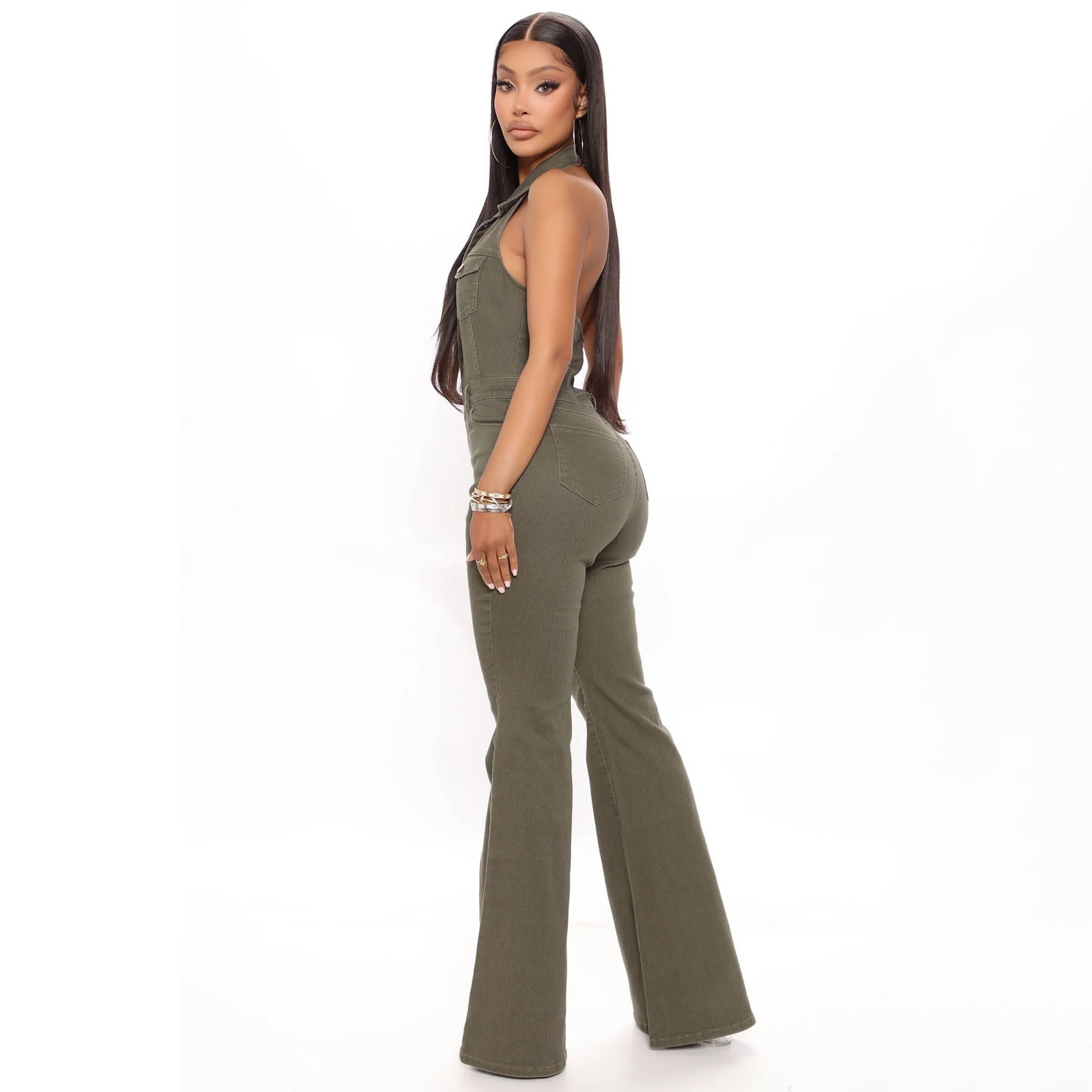 Women Denim Stretch Sexy Backless Turndown Collar Cargo Jumpsuit